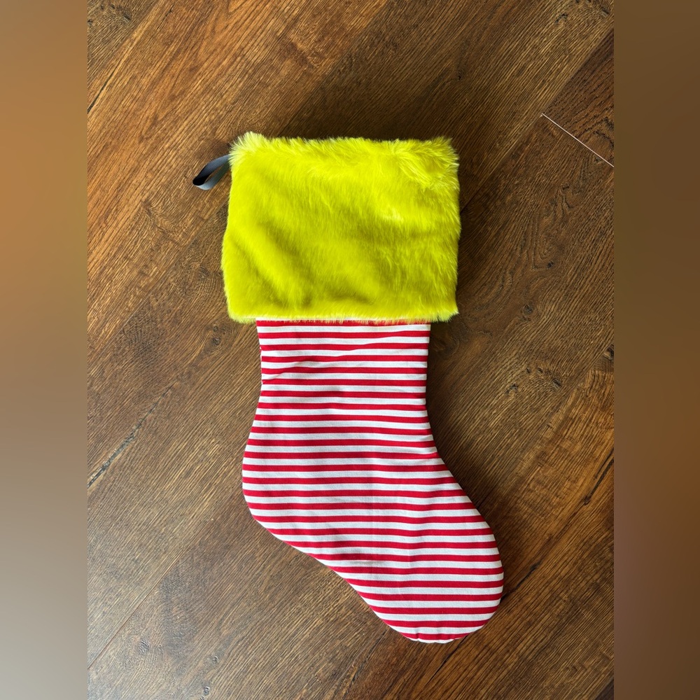 NWOT Red and White Stripe with Green Fur Cuff Christmas Stocking